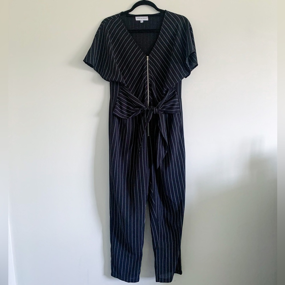 Piper and Scoot Pinstriped Jumpsuit with Front Tie - Women’s Size Medium